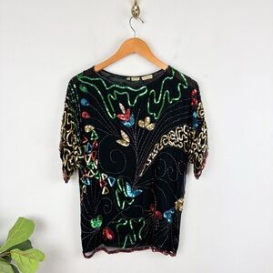 Vintage 80s Sequin Embroidered Silk Top Sz M